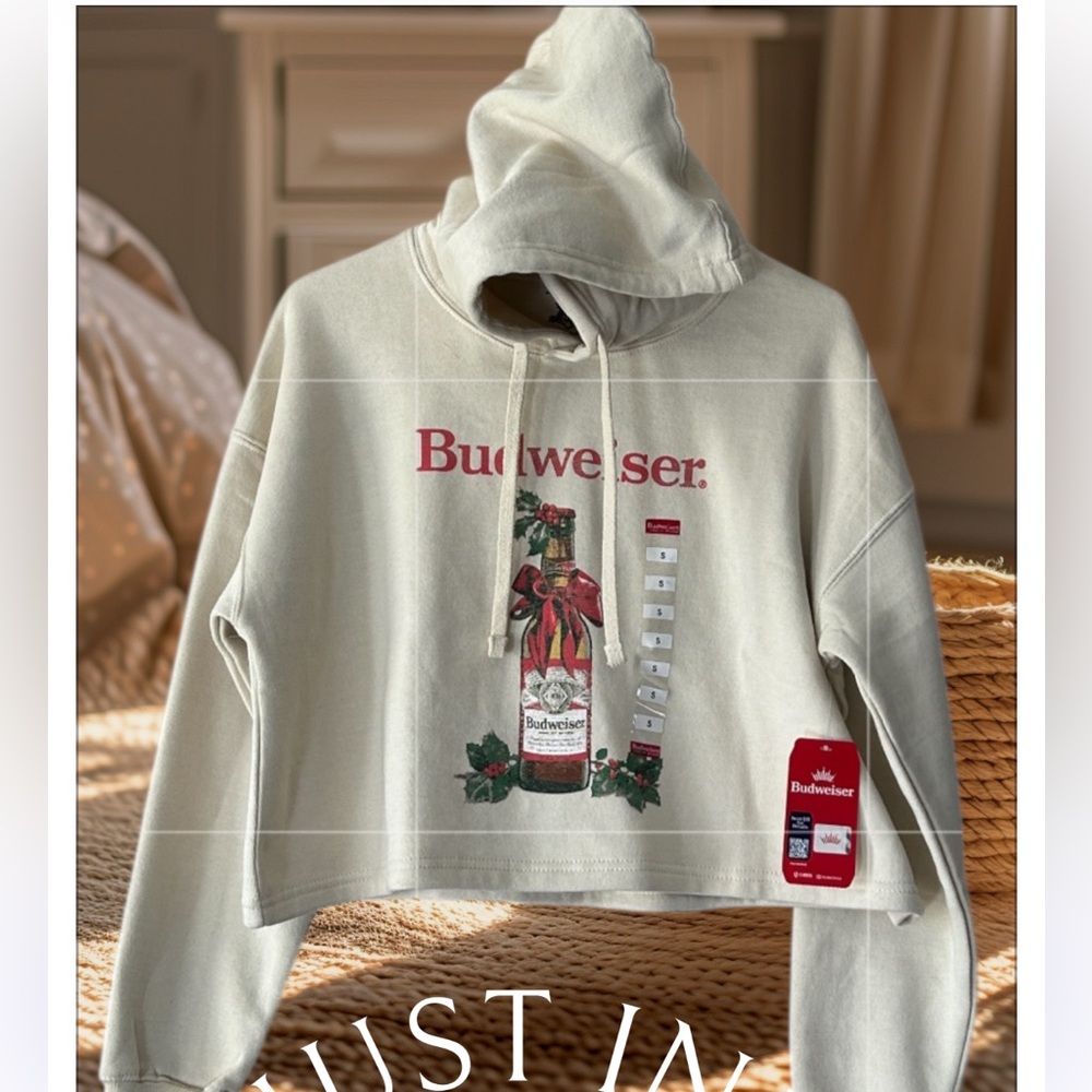 Budweiser Cream Crop Hoodie tops sweater with Festive Design